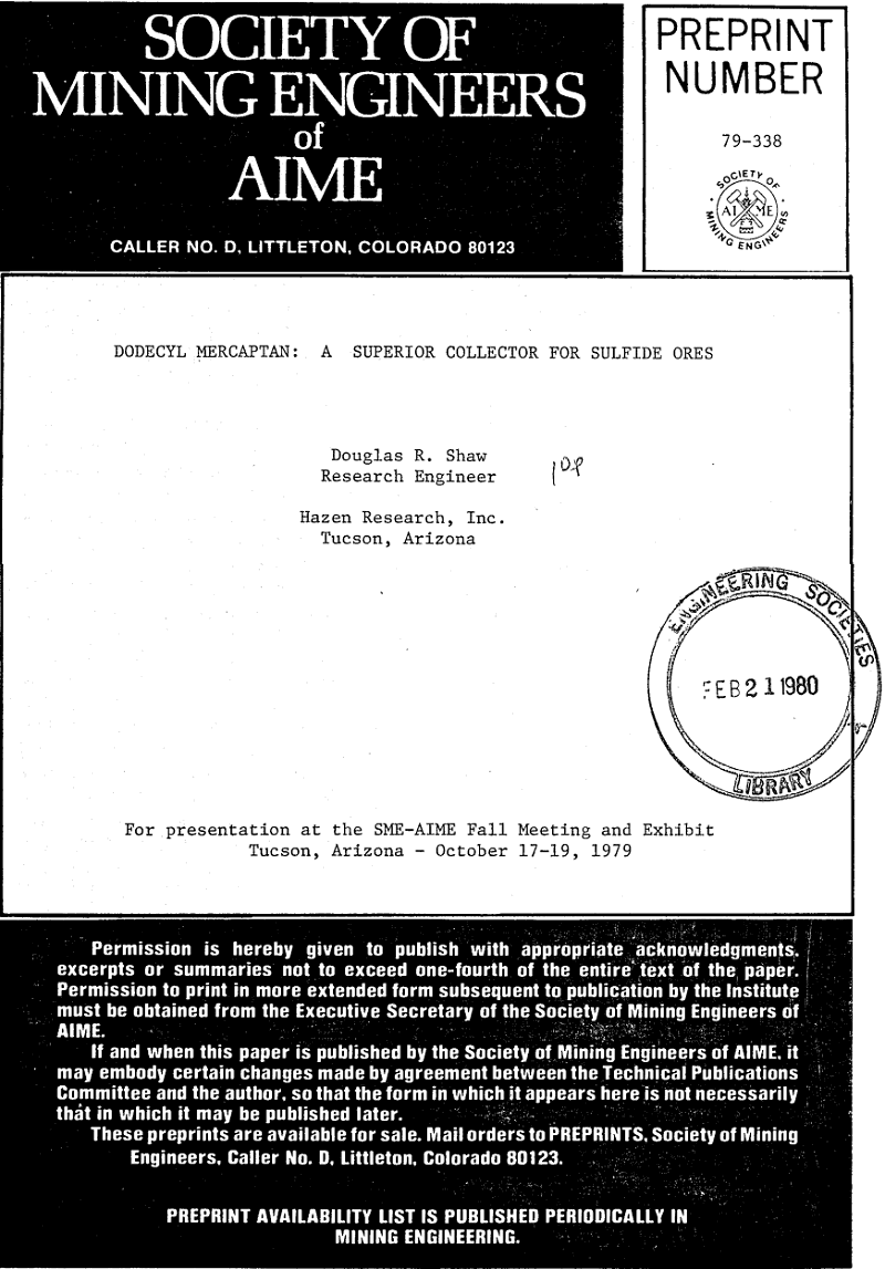 dodecyl mercaptan collector for sulfide ores