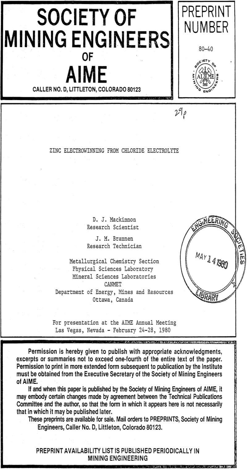 zinc electrowinning from chloride electrolyte