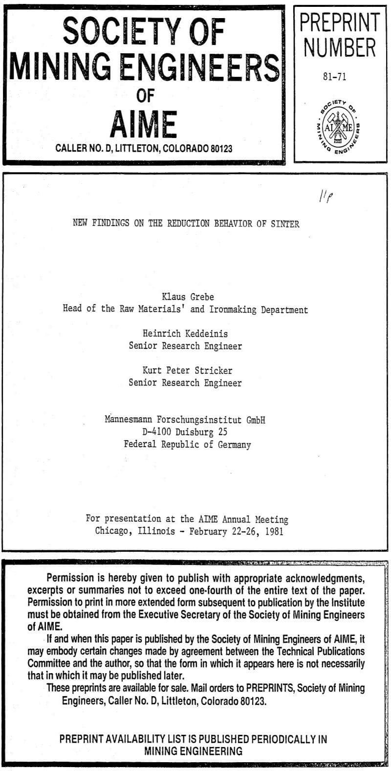 reduction behavior of sinter