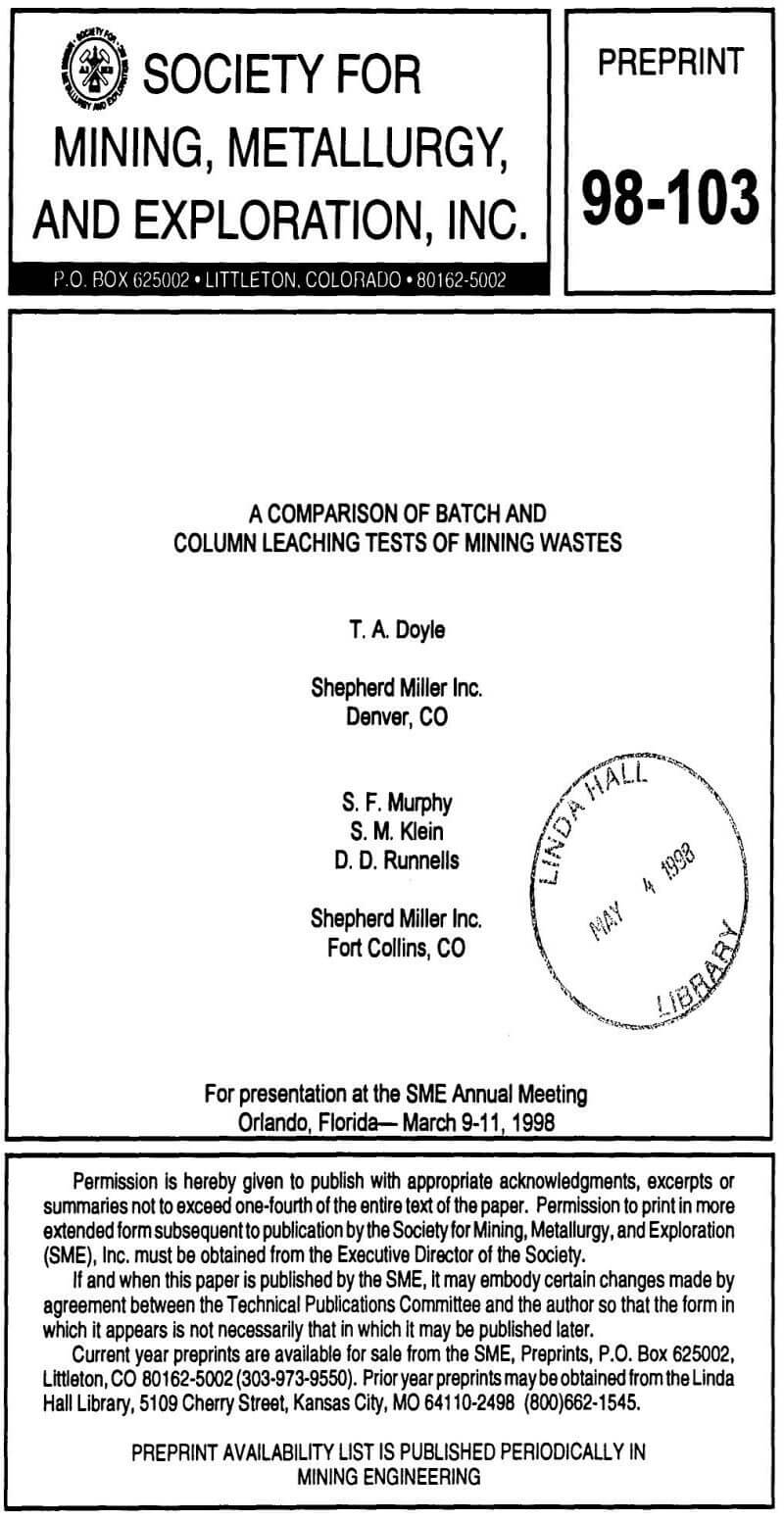 a comparison of batch and column leaching tests of mining wastes