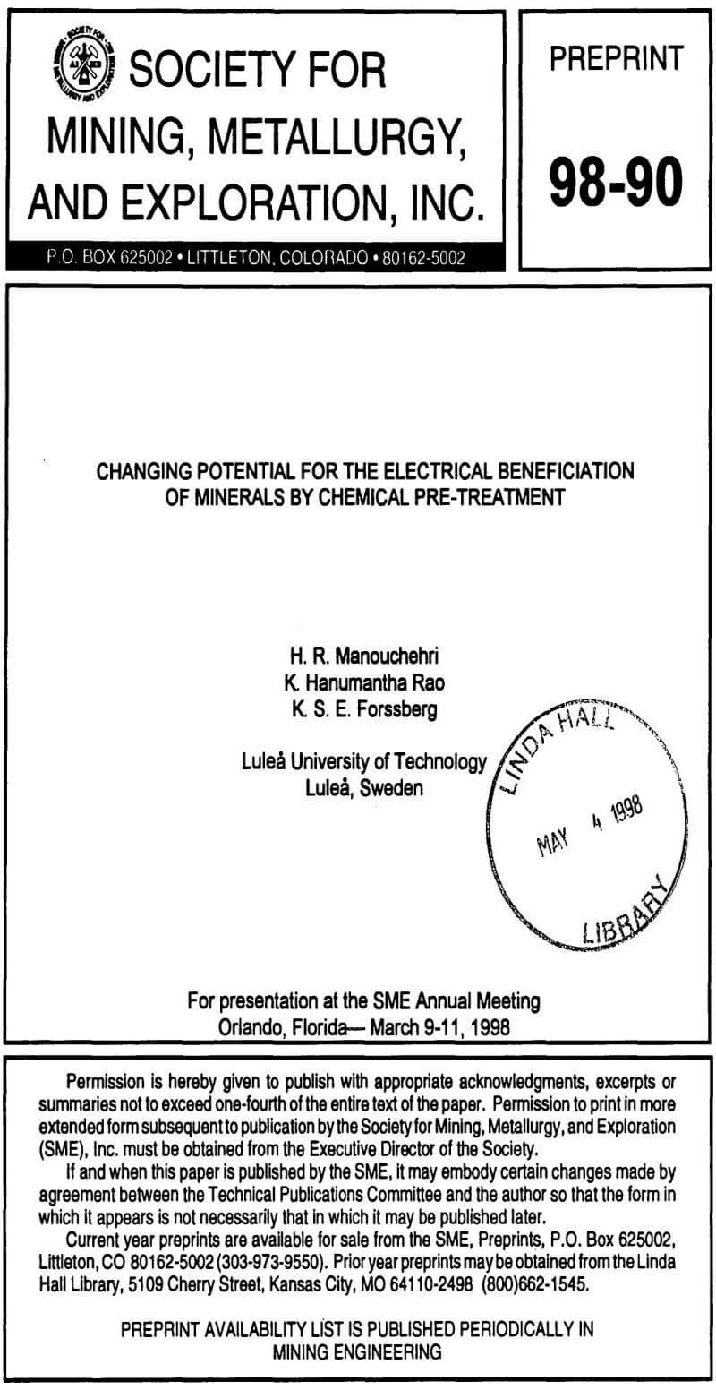 changing potential for the electrical beneficiation of minerals by chemical pre-treatment