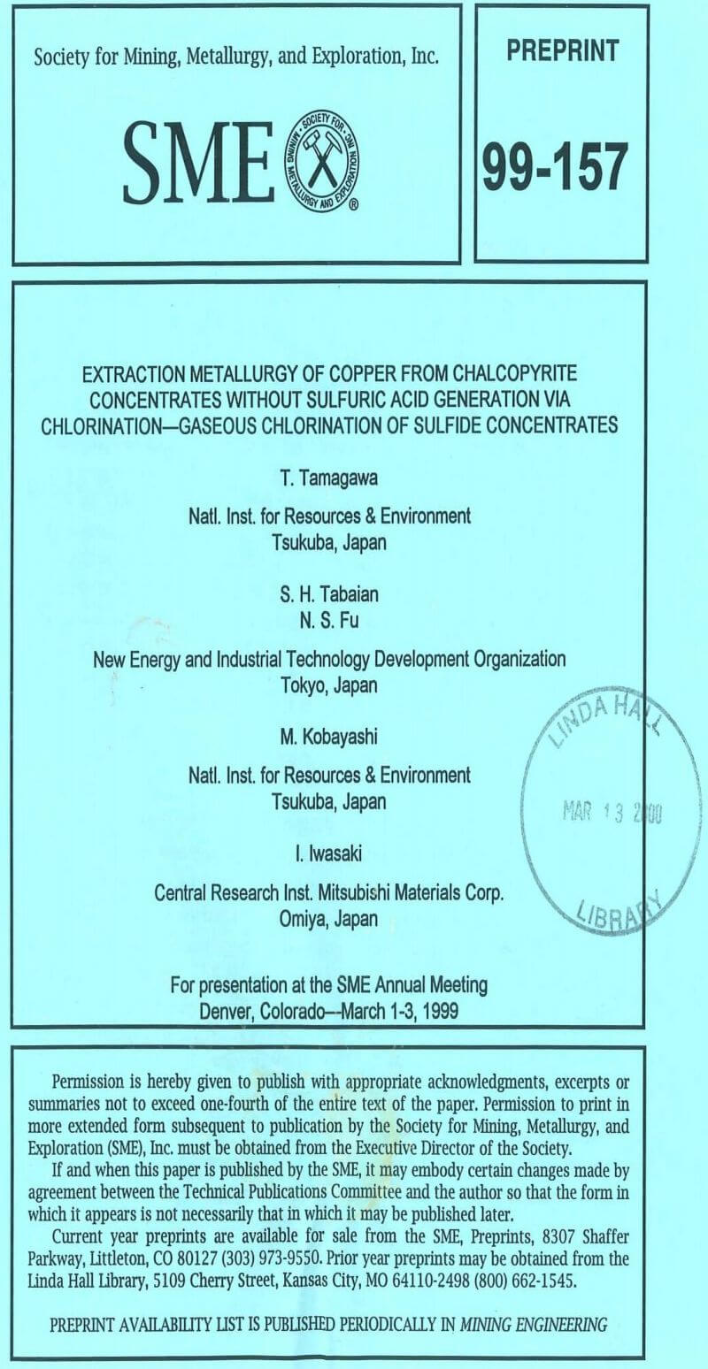 extraction metallurgy of copper from chalcopyrite concentrates without sulfuric acid generation via chlorination—gaseous chlorination of sulfide concentrates