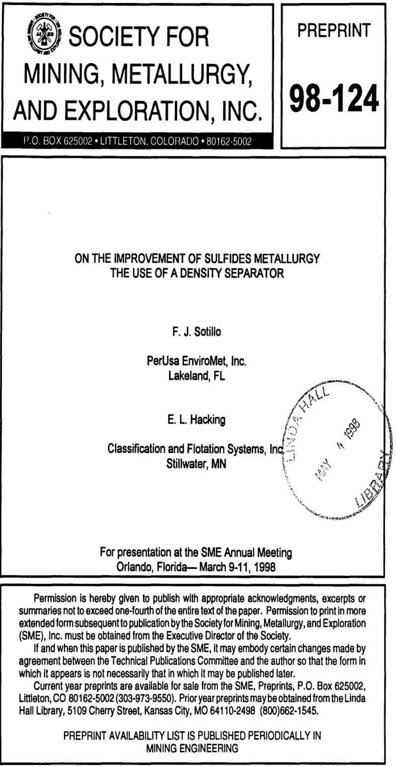 on the improvement of sulfides metallurgy the use of a density separator