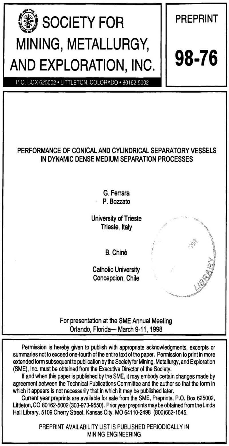 performance of conical and cylindrical separatory vessels in dynamic dense medium separation processes