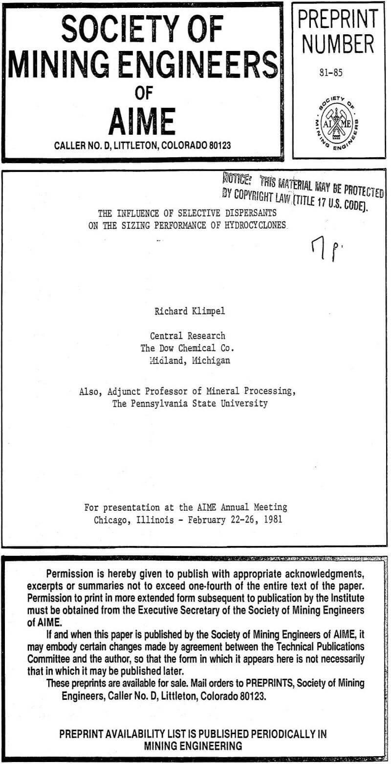 sizing performance of hydrocyclones - effect of dispersants