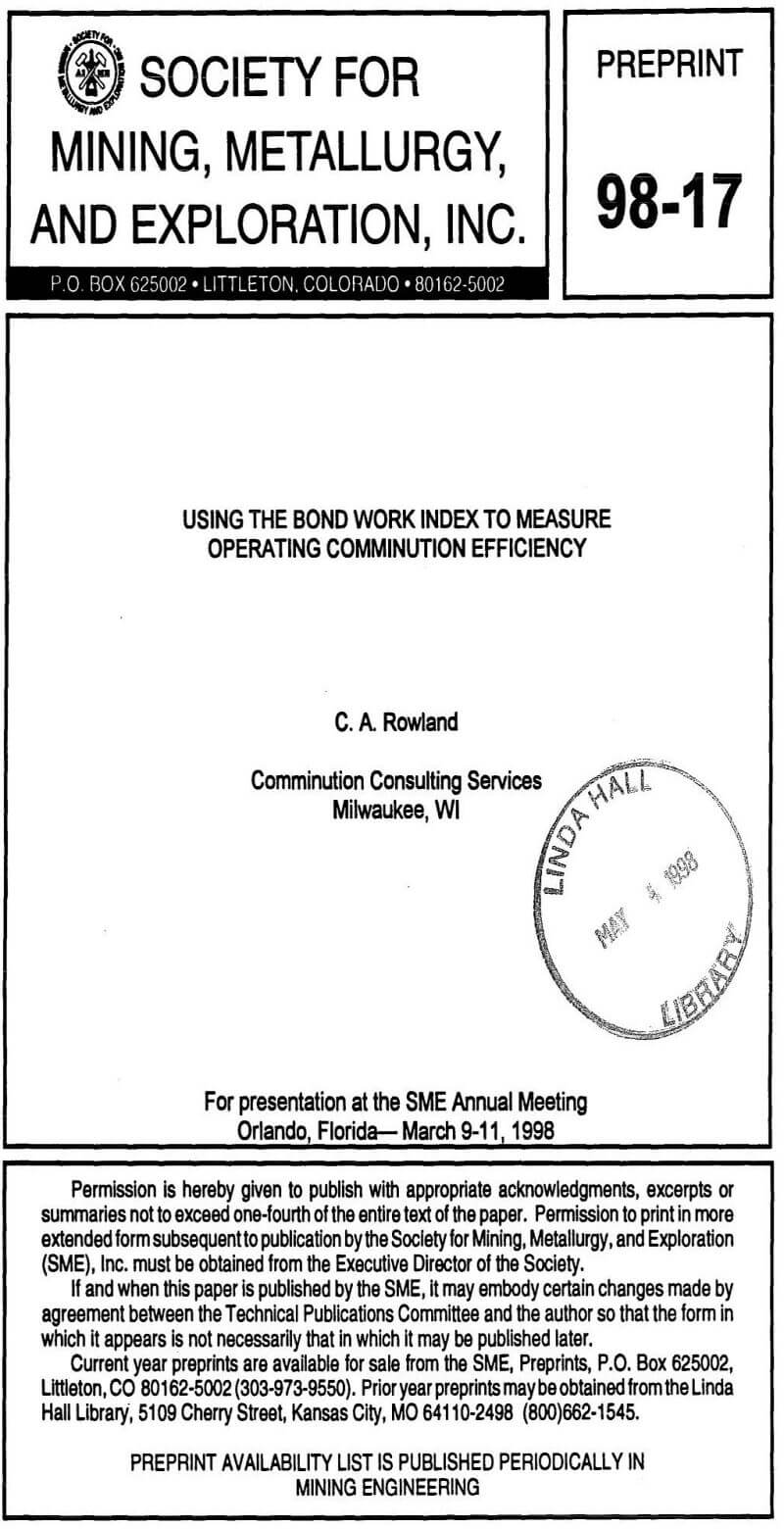 using the bond work index to measure operating comminution efficiency