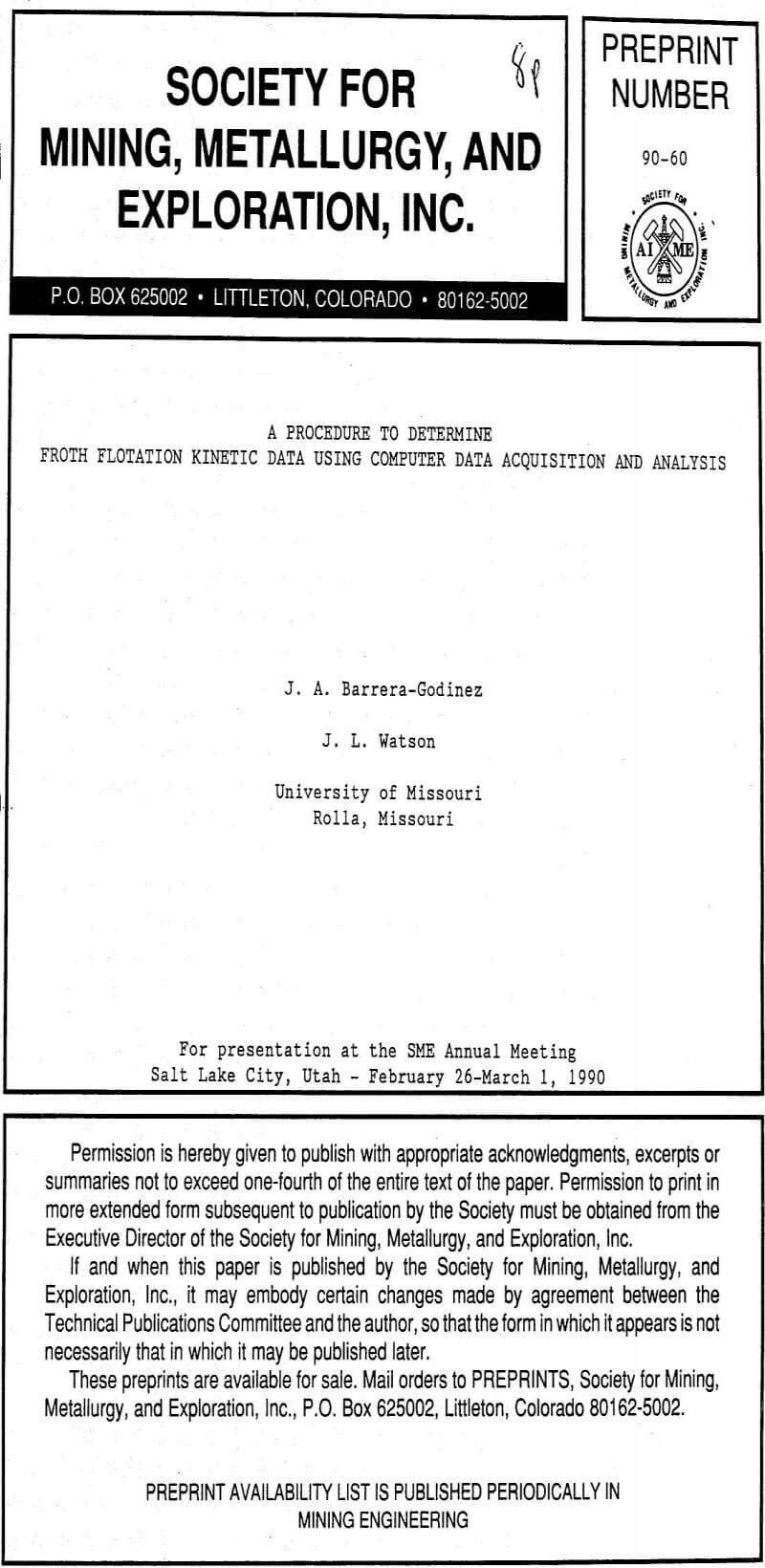 a procedure to determine froth flotation kinetic data using computer data acquisition and analysis