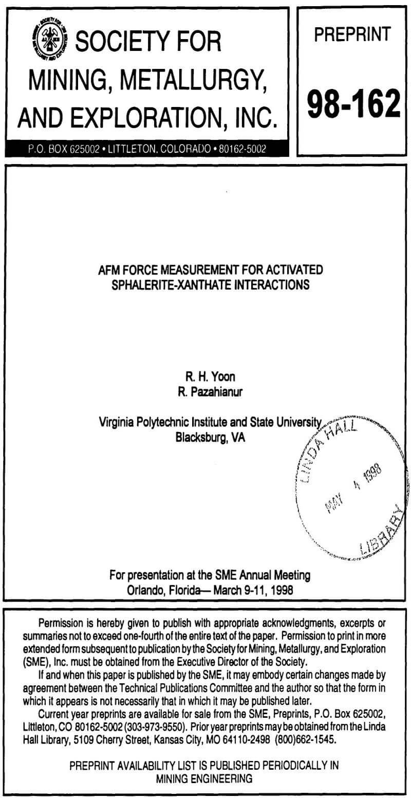 afm force measurement for activated sphalerite-xanthate interactions