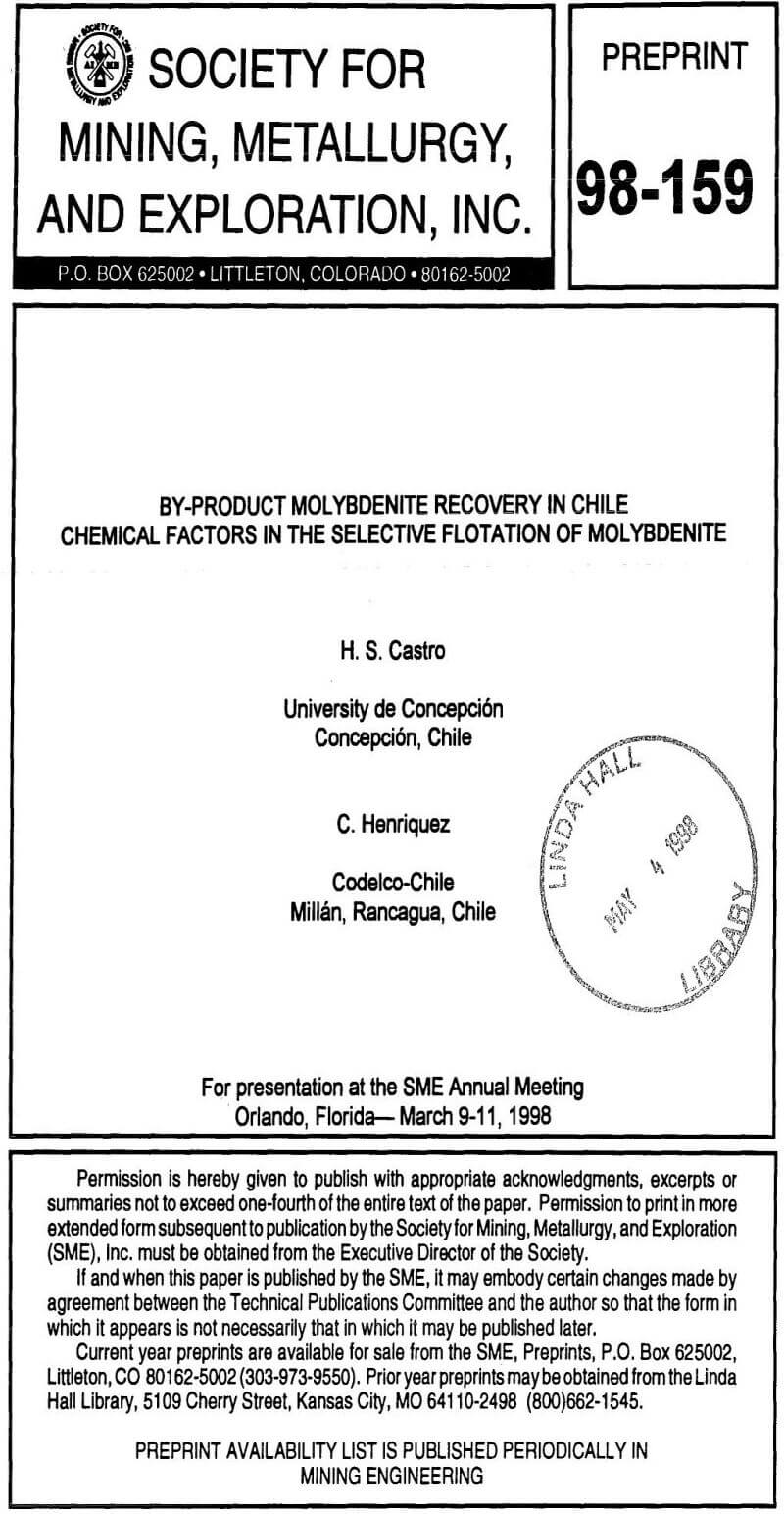 by-product molybdenite recovery in chile chemical factors in the selective flotation of molybdenite