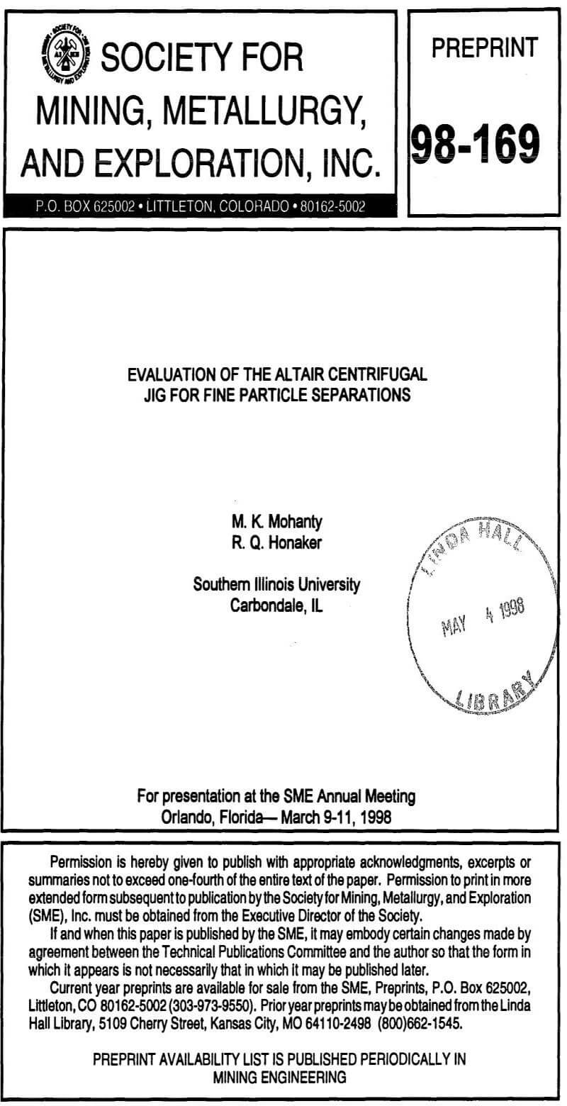 evaluation of the altair centrifugal jig for fine particle separations