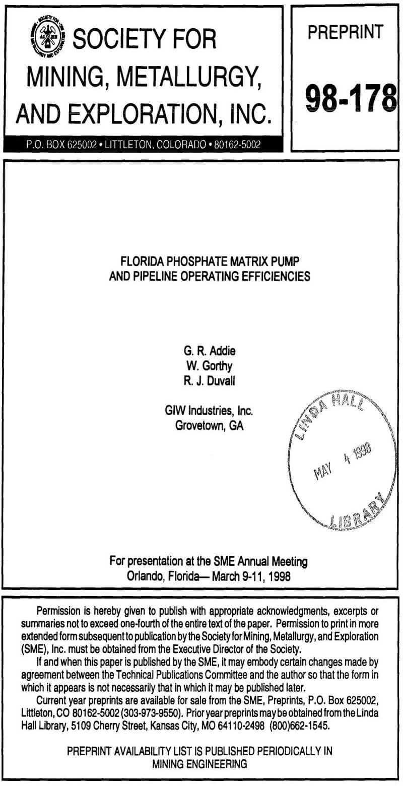 florida phosphate matrix pump and pipeline operating efficiencies