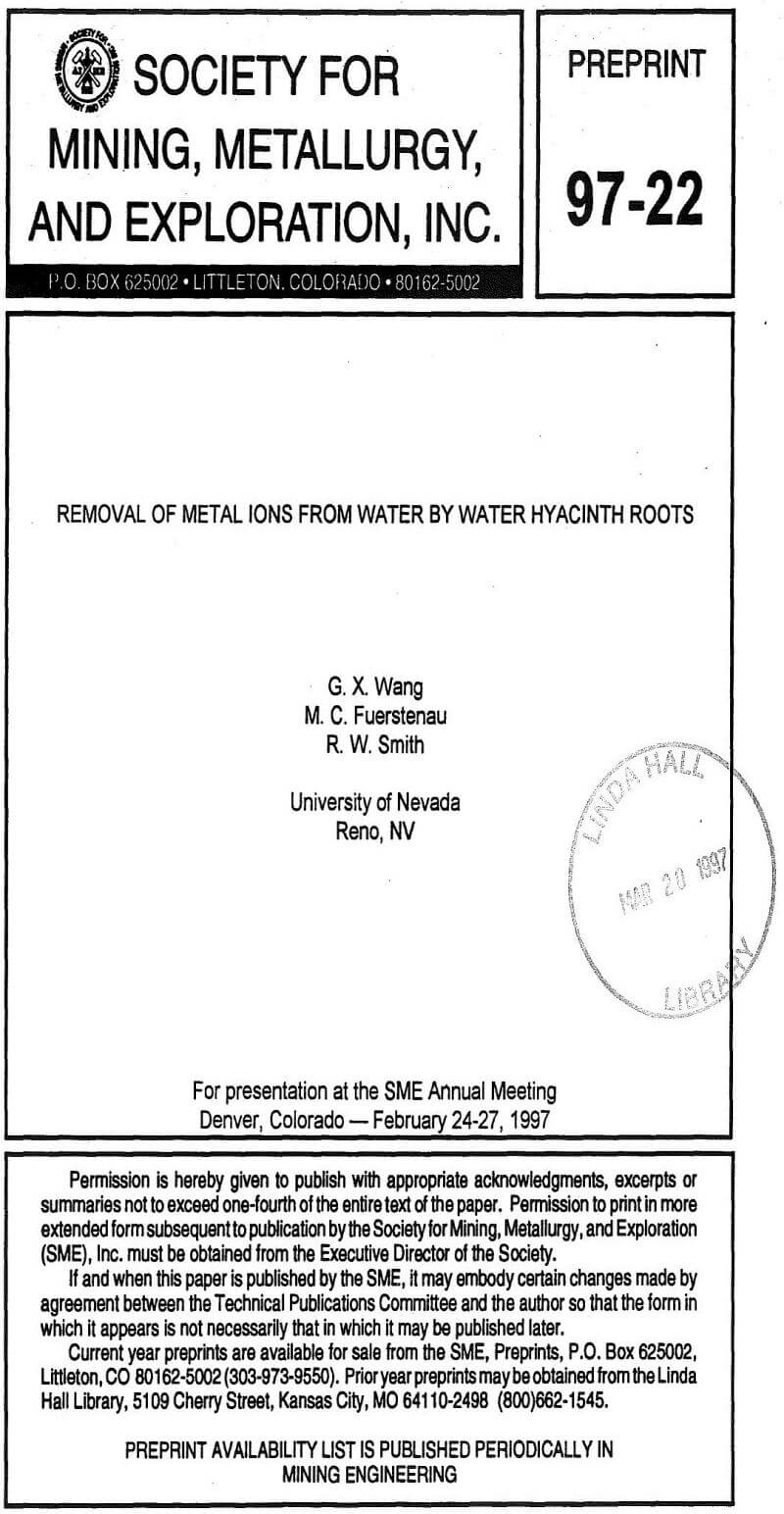 removal of metal ions from water by water hyacinth roots