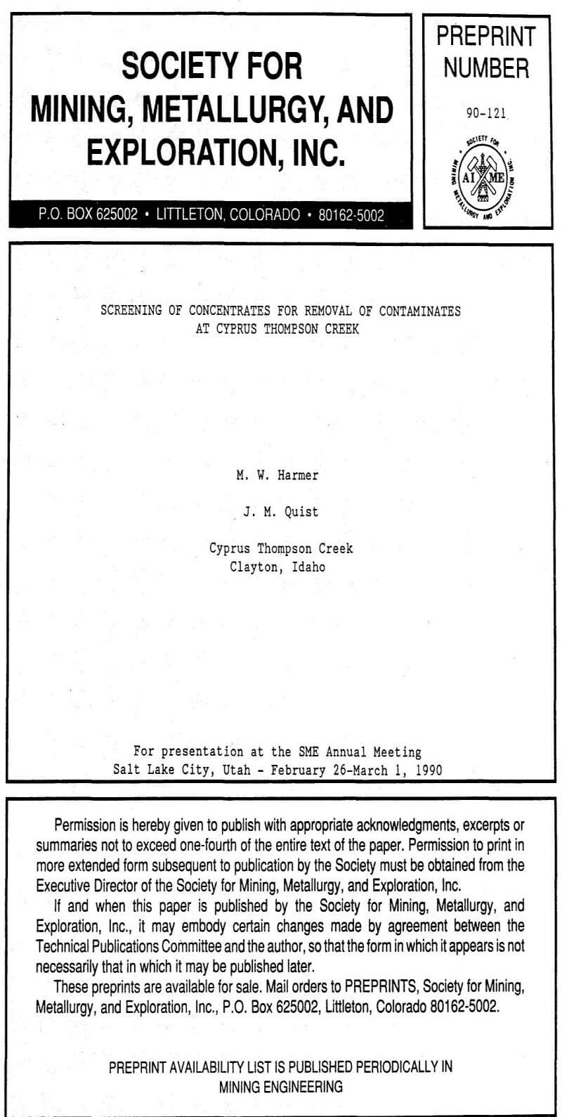 screening of concentrates for removal of contaminates at cyprus thompson creek