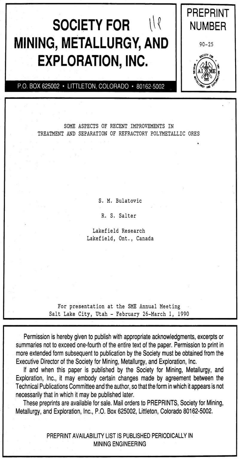 some aspects of recent improvements in treatment and separation of refractory polymetallic ores