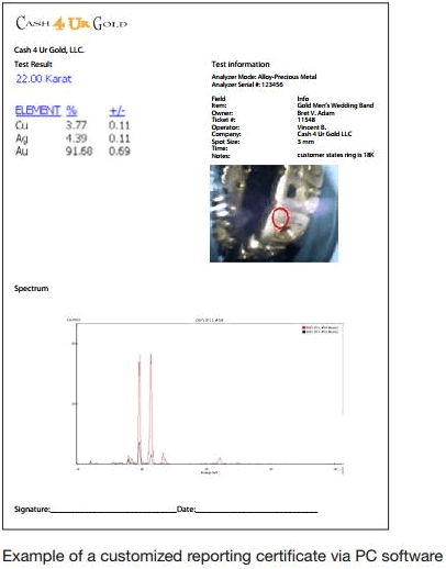 xrf gold analyzer customized reporting certificate