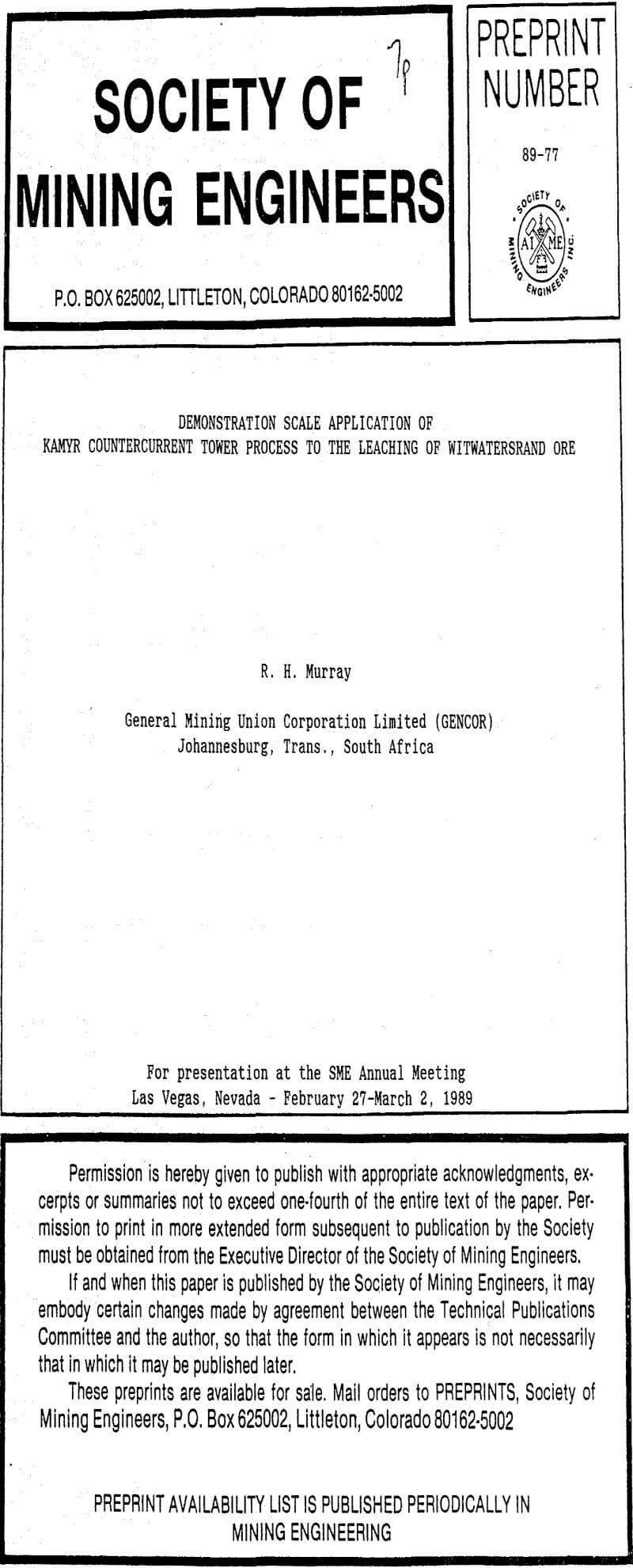 demonstration scale application of kamyr countercurrent tower process to the leaching of witwatersrand ore