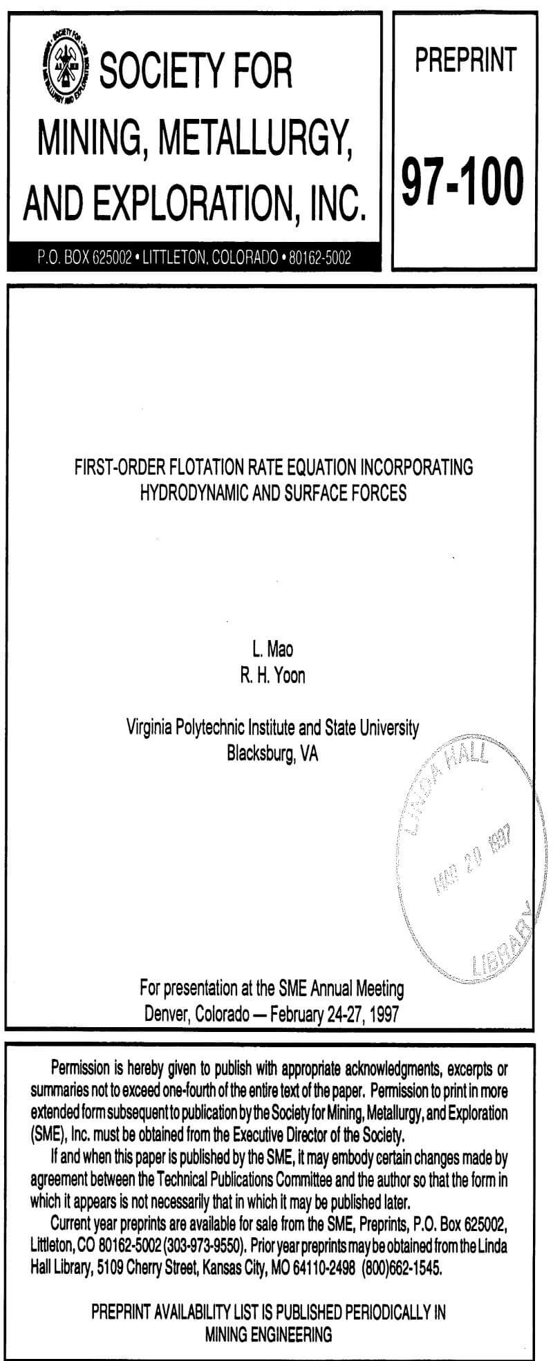 first-order flotation rate equation incorporating hydrodynamic and surface forces