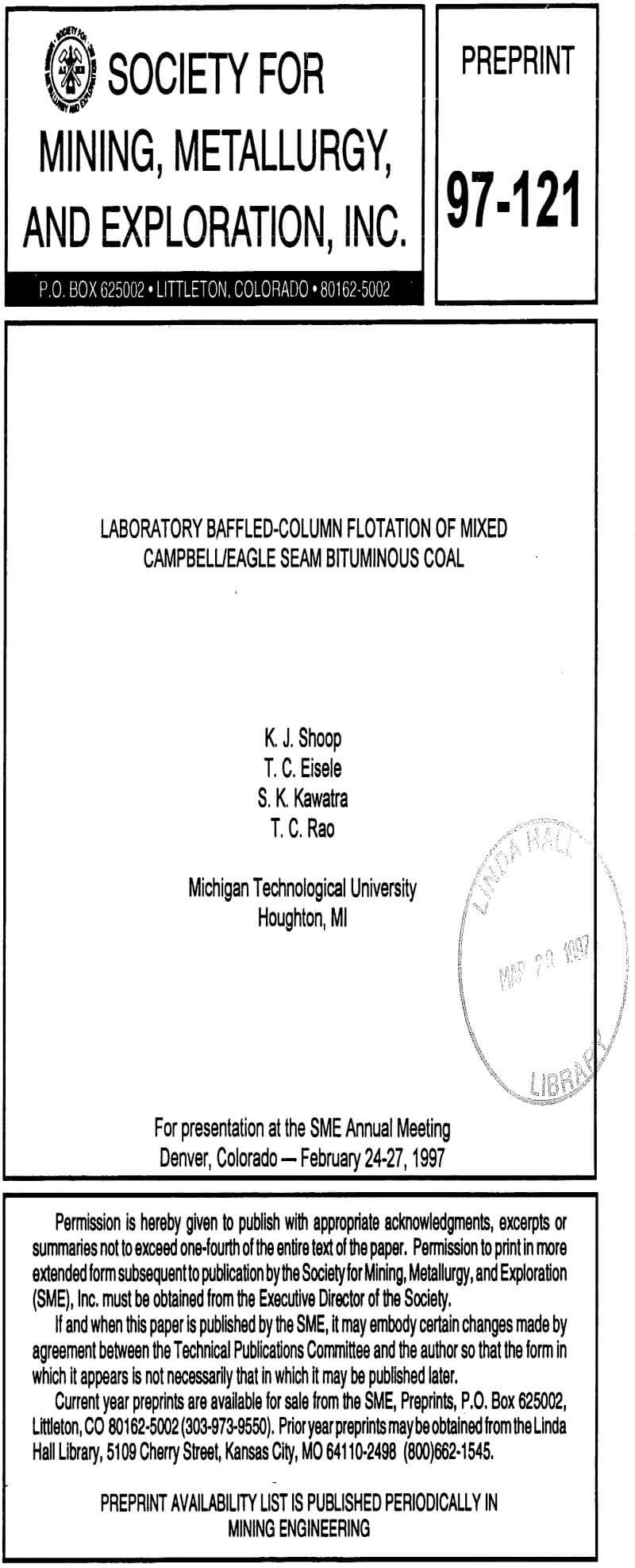 laboratory baffled-column flotation of mixed campbell eagle seam bituminous coal