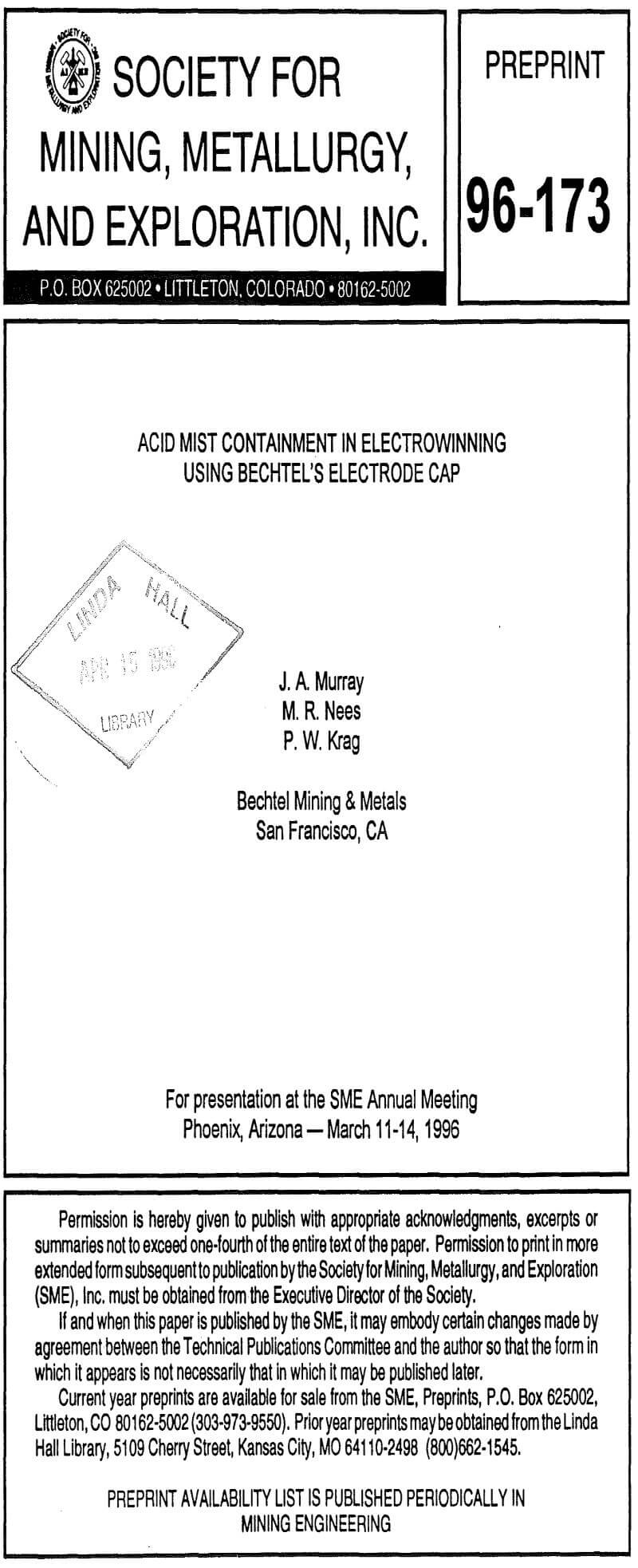 acid mist containment in electrowinning using bechtel's electrode cap