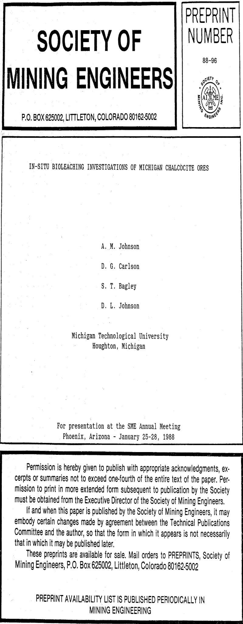 in-situ bioleaching investigations of michigan chalcocite ores