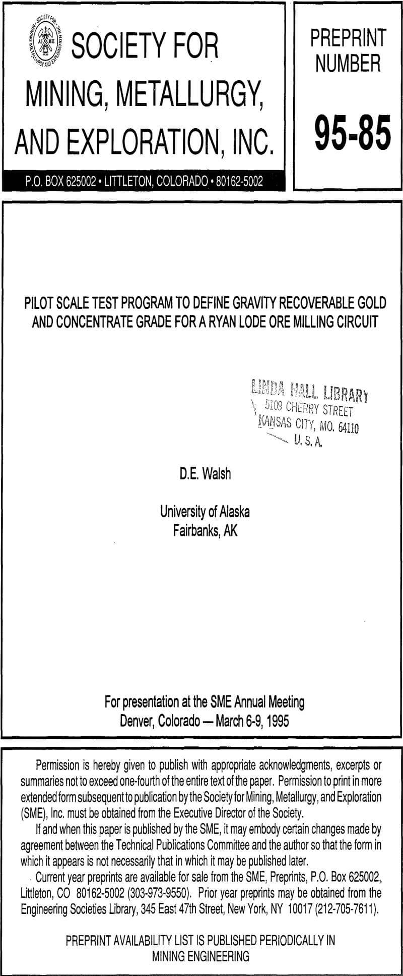 pilot scale test program to define gravity recoverable gold and concentrate grade for a ryan lode ore milling circuit