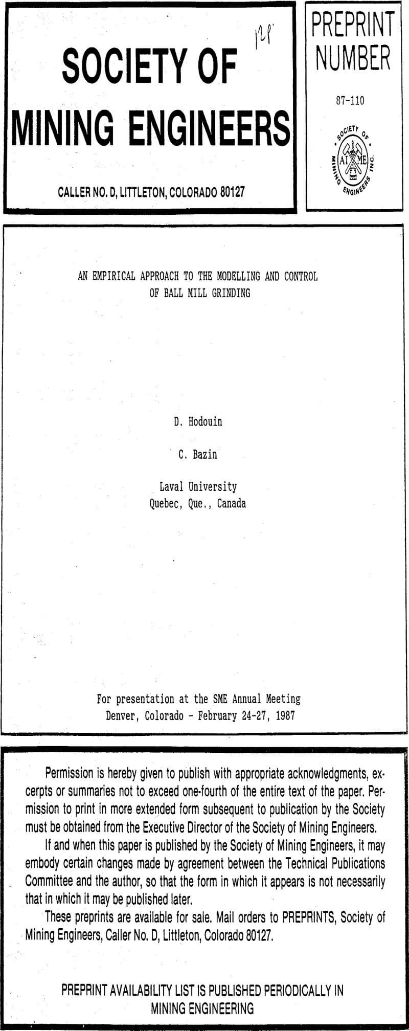 an empirical approach to the modelling and control of ball mill grinding