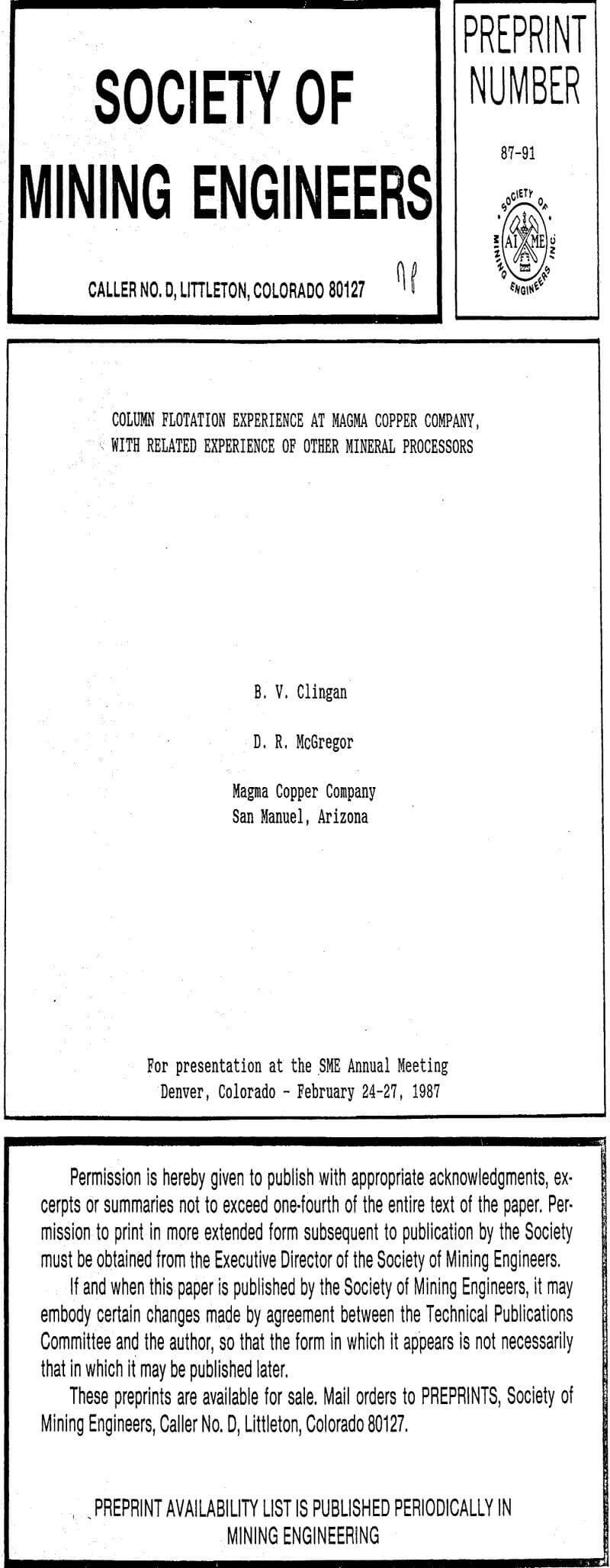 column flotation experience at magma copper company with related experience of other mineral processors