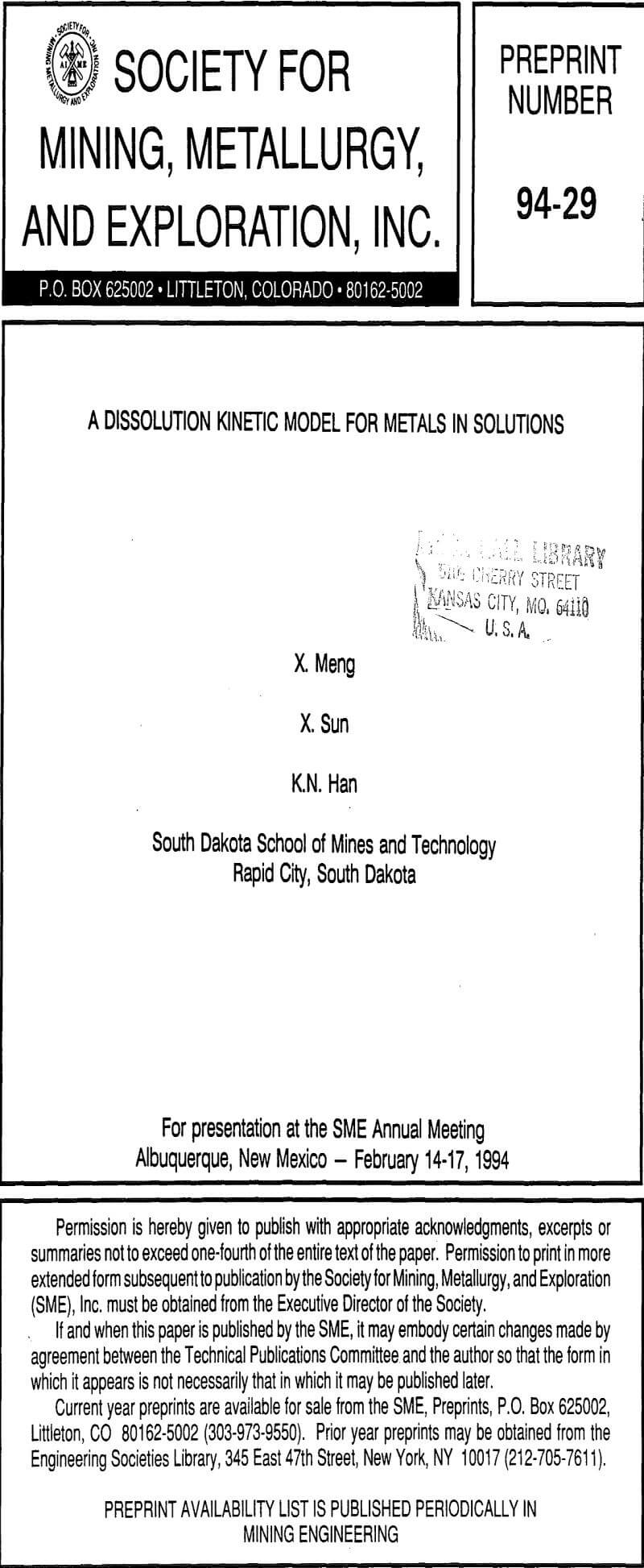 a dissolution kinetic model for metals in solutions