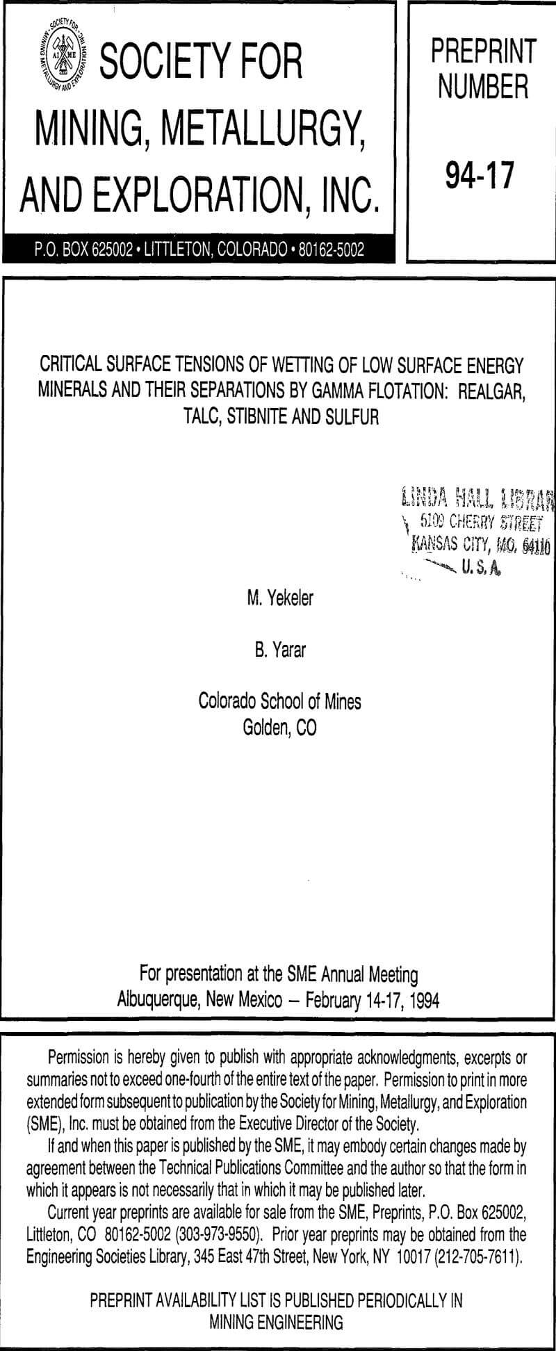 critical surface tensions of wetting of low surface energy minerals and their separations by gamma flotation realgar, talc, stibnite and sulfur