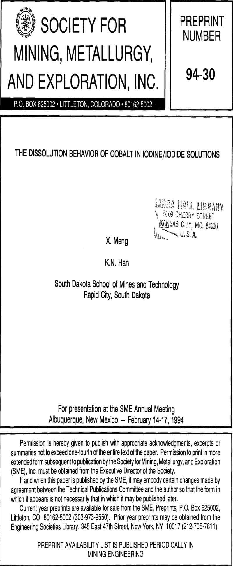 the dissolution behavior of cobalt in iodine iodide solutions