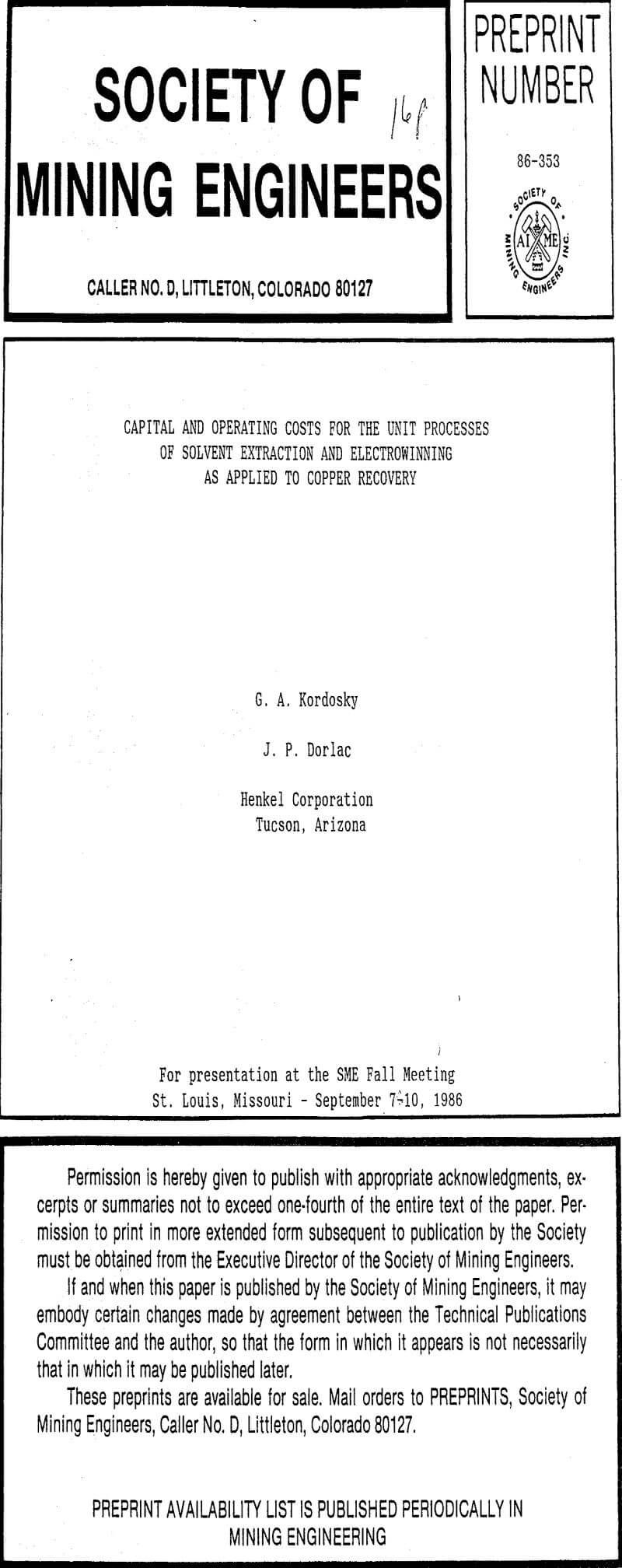 capital and operating costs for the unit processes of solvent extraction and electrowinning as applied to copper recovery