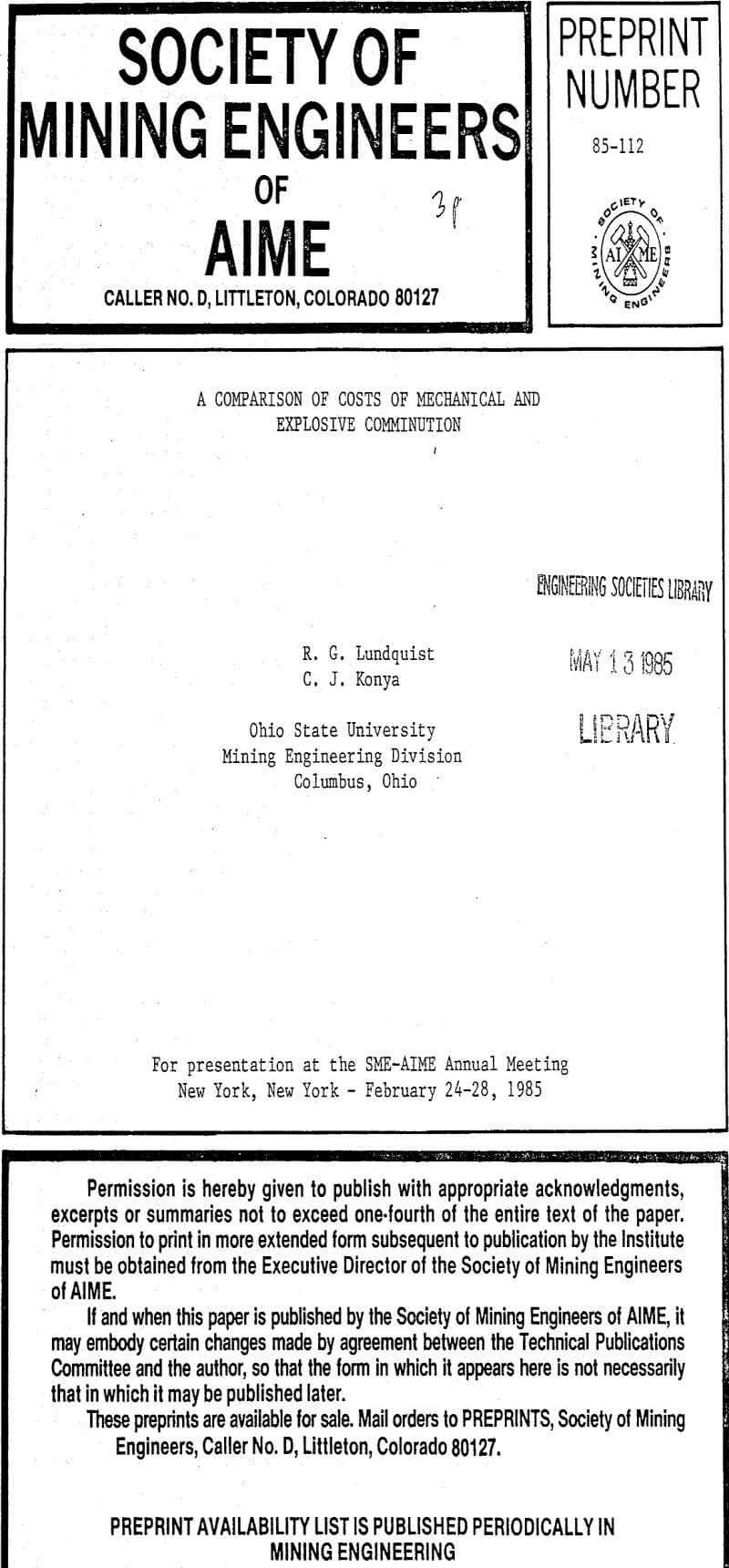 a comparison of costs of mechanical and explosive comminution