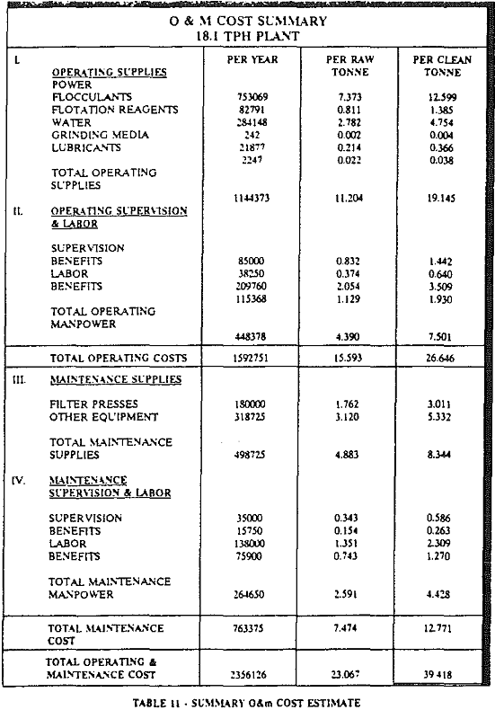 froth flotation summary o&m cost estimate