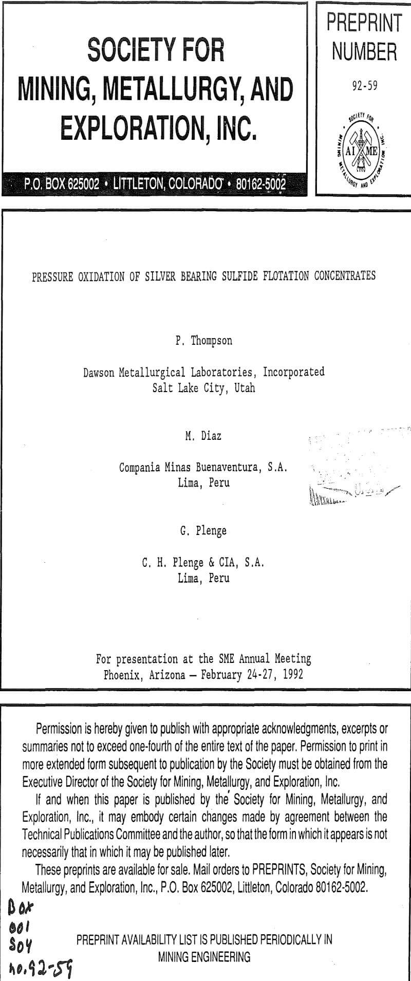 pressure oxidation of silver bearing sulfide flotation concentrates