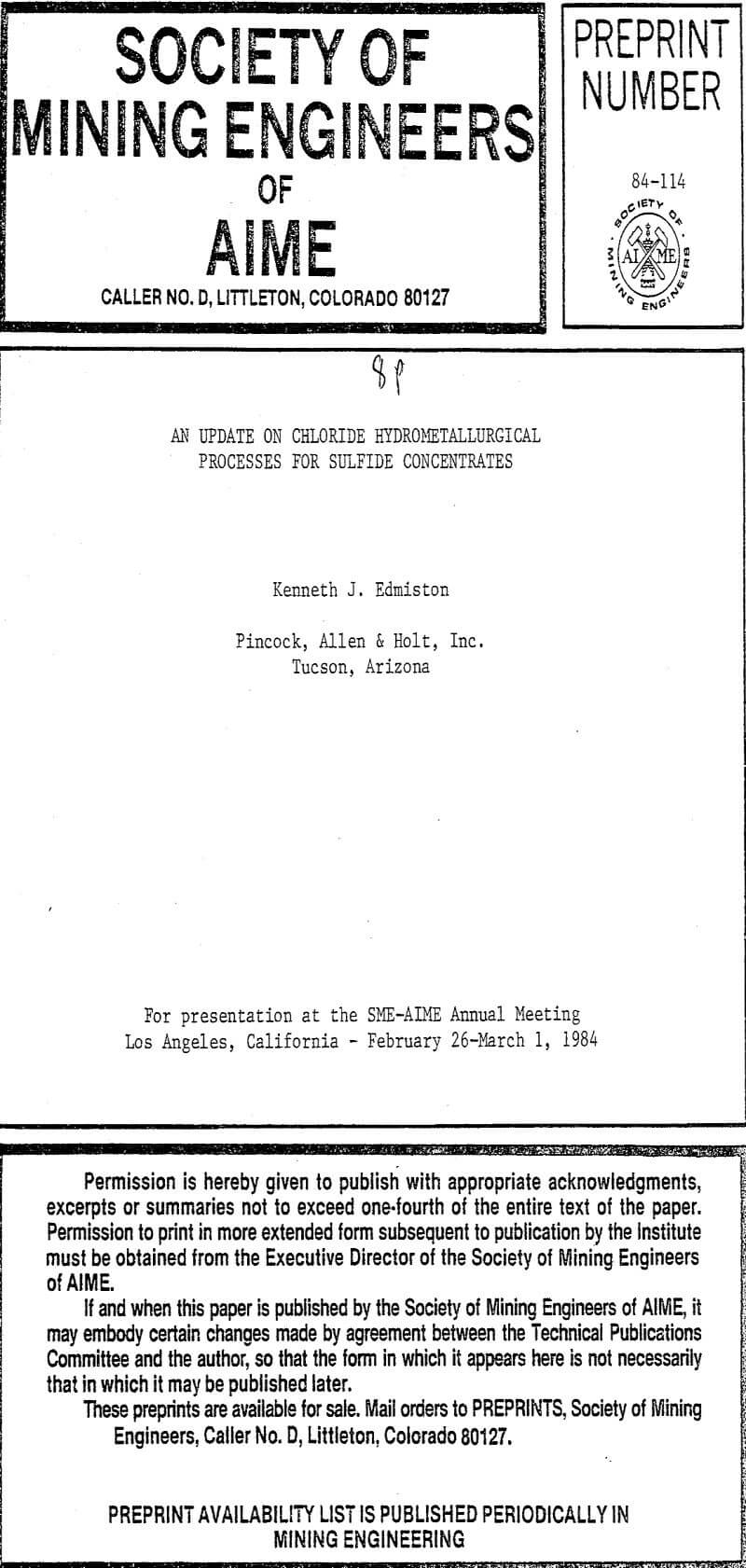 an update on chloride hydrometallurgical processes for sulfide concentrates