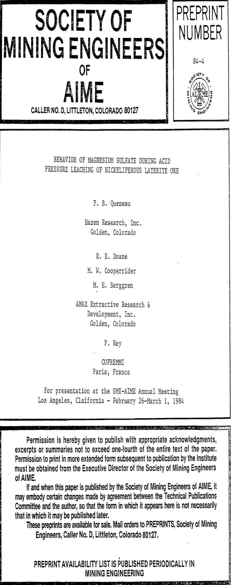 behavior of magnesium sulfate during acid pressure leaching of nickeliferous laterite ore