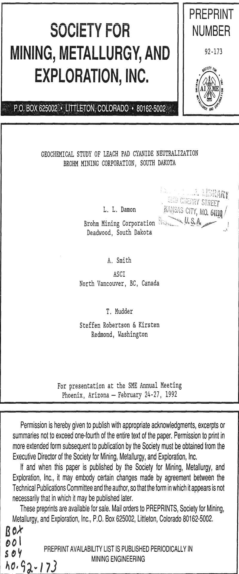 geochemical study of leach pad cyanide neutralization brohm mining corporation south dakota