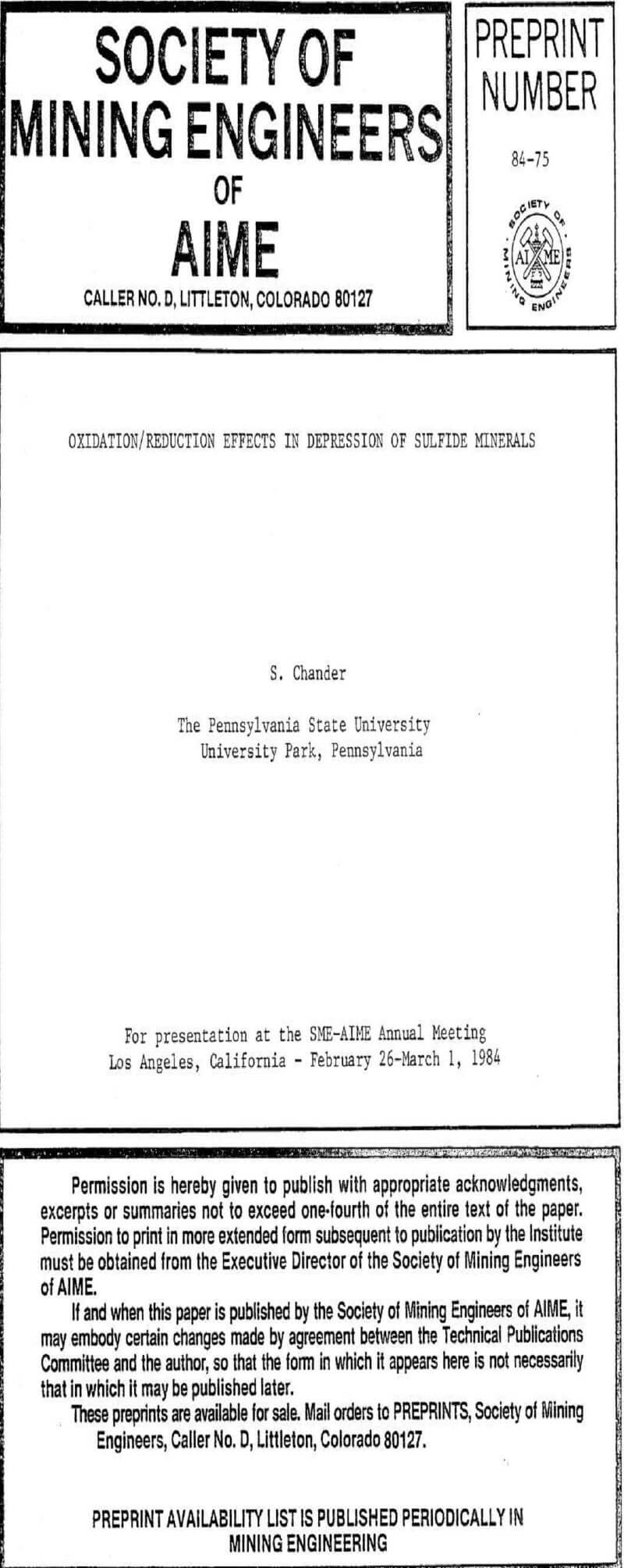 oxidation reduction effects in depression of sulfide minerals