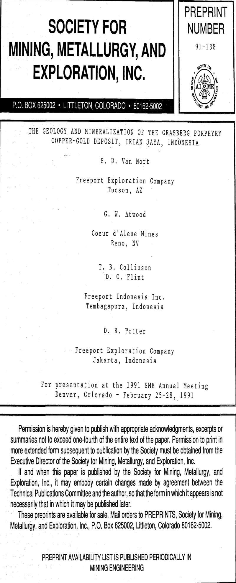 the geology and mineralization of the grasberg porphyry copper-gold deposit, irian jaya indonesia