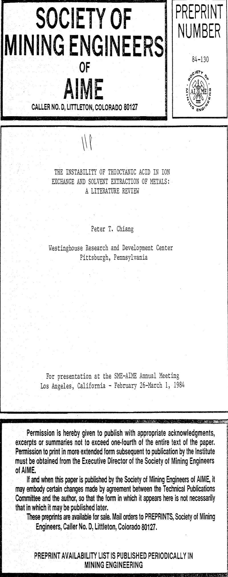 the instability of thiocyanic acid in ion exchange and solvent extraction of metals a literature review
