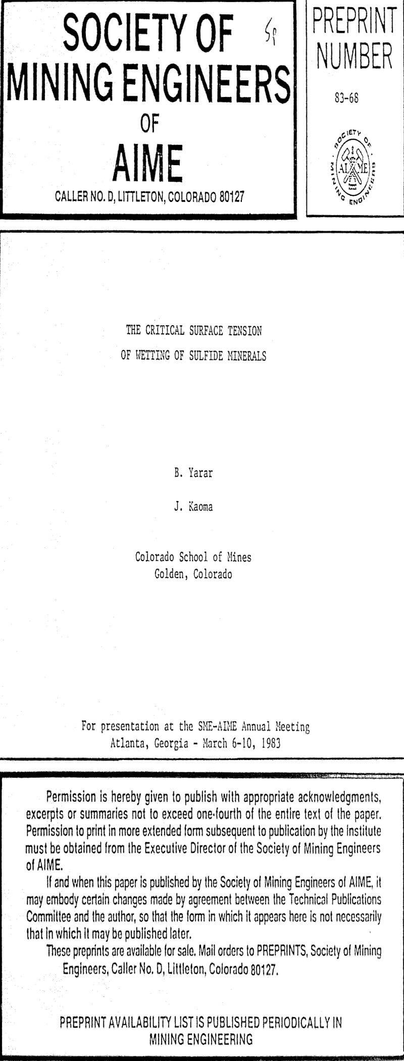 the critical surface tension of wetting of sulfide minerals