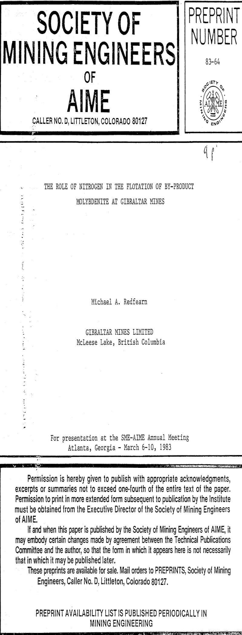 the role of nitrogen in the flotation of by-product molybdenite at gibraltar mines