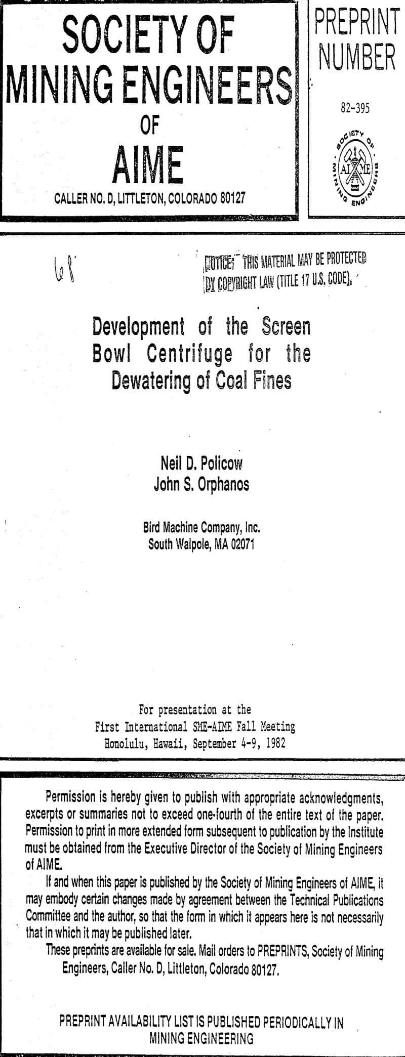 development of the screen bowl centrifuge for the dewatering of coal fines