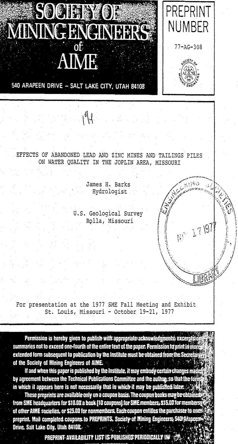 effects of abandoned lead and zinc mines and tailings piles on water quality in the joplin area missouri