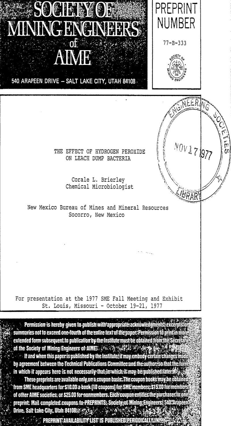 the effect of hydrogen peroxide on leach dump bacteria