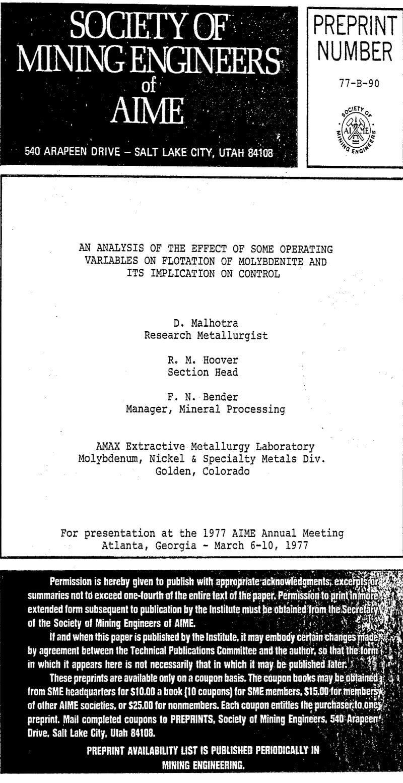 an analysis of the effect of some operating variables on flotation of molybdenite and its implication on control