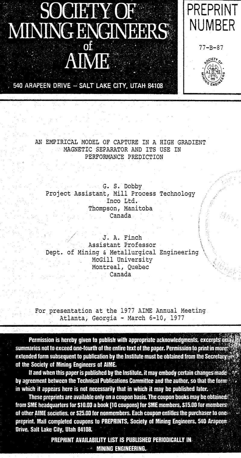 an empirical model of capture in a high gradient magnetic separator and its use in performance prediction