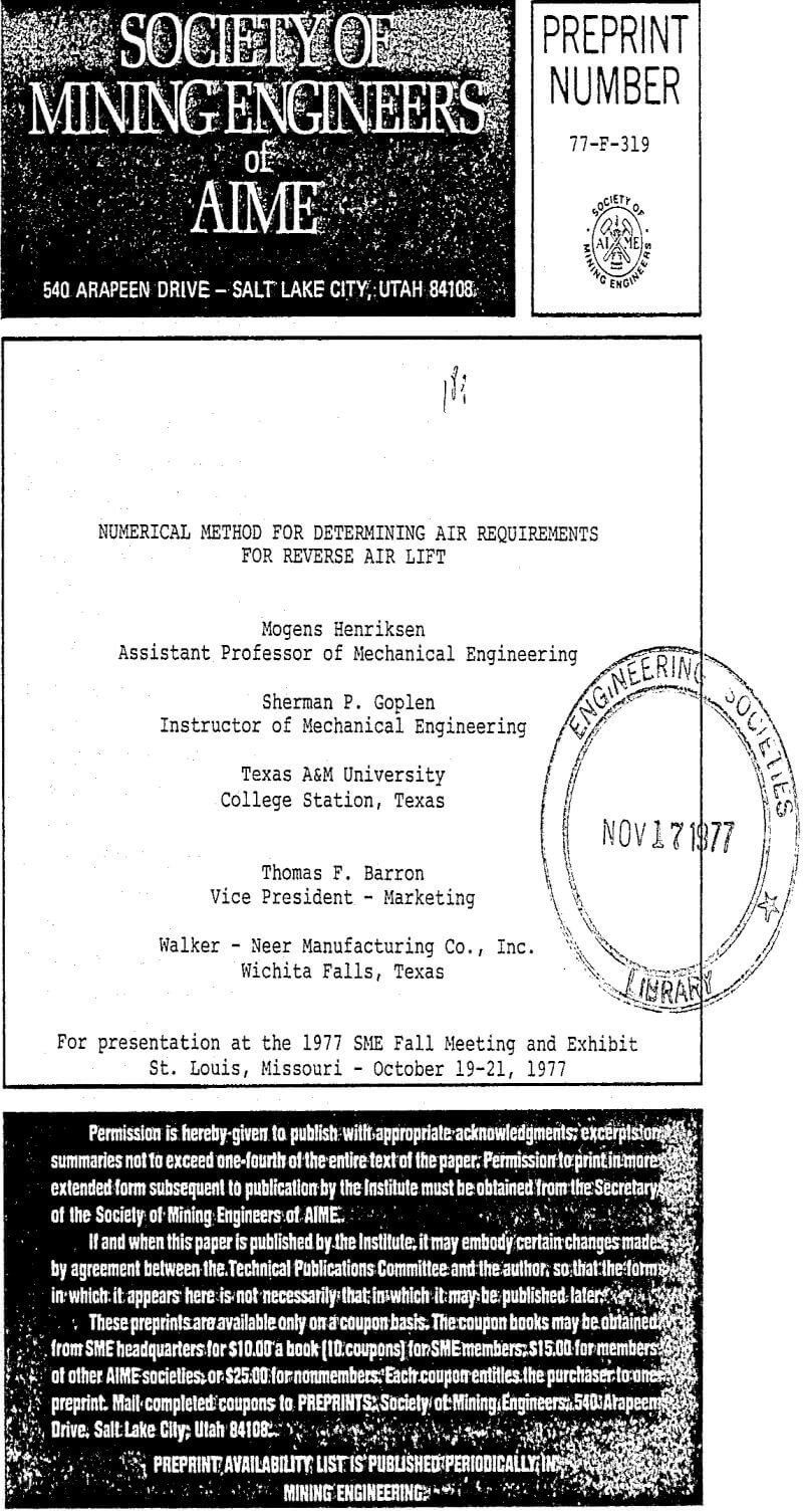 numerical method for determining air requirements for reverse air lift