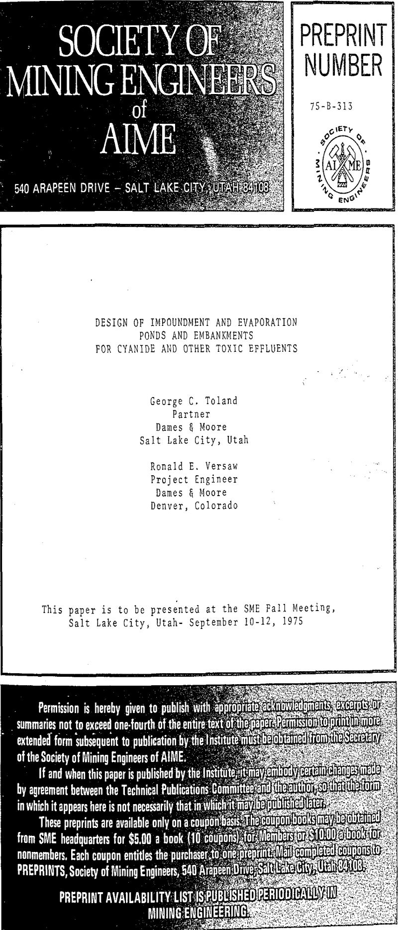 design of impoundment and evaporation ponds and embankments for cyanide and other toxic effluents