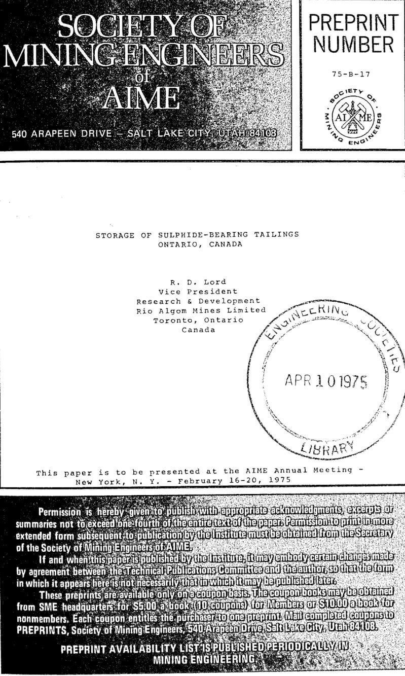 storage of sulphide-bearing tailings ontario canada